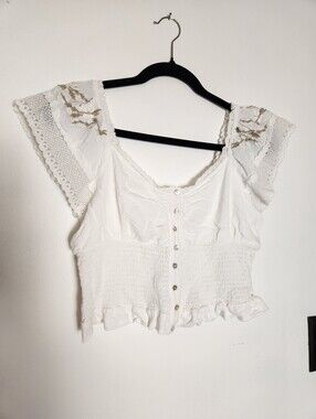 Ivy May White Smocked Crop Top With Floral Embroidery Size M